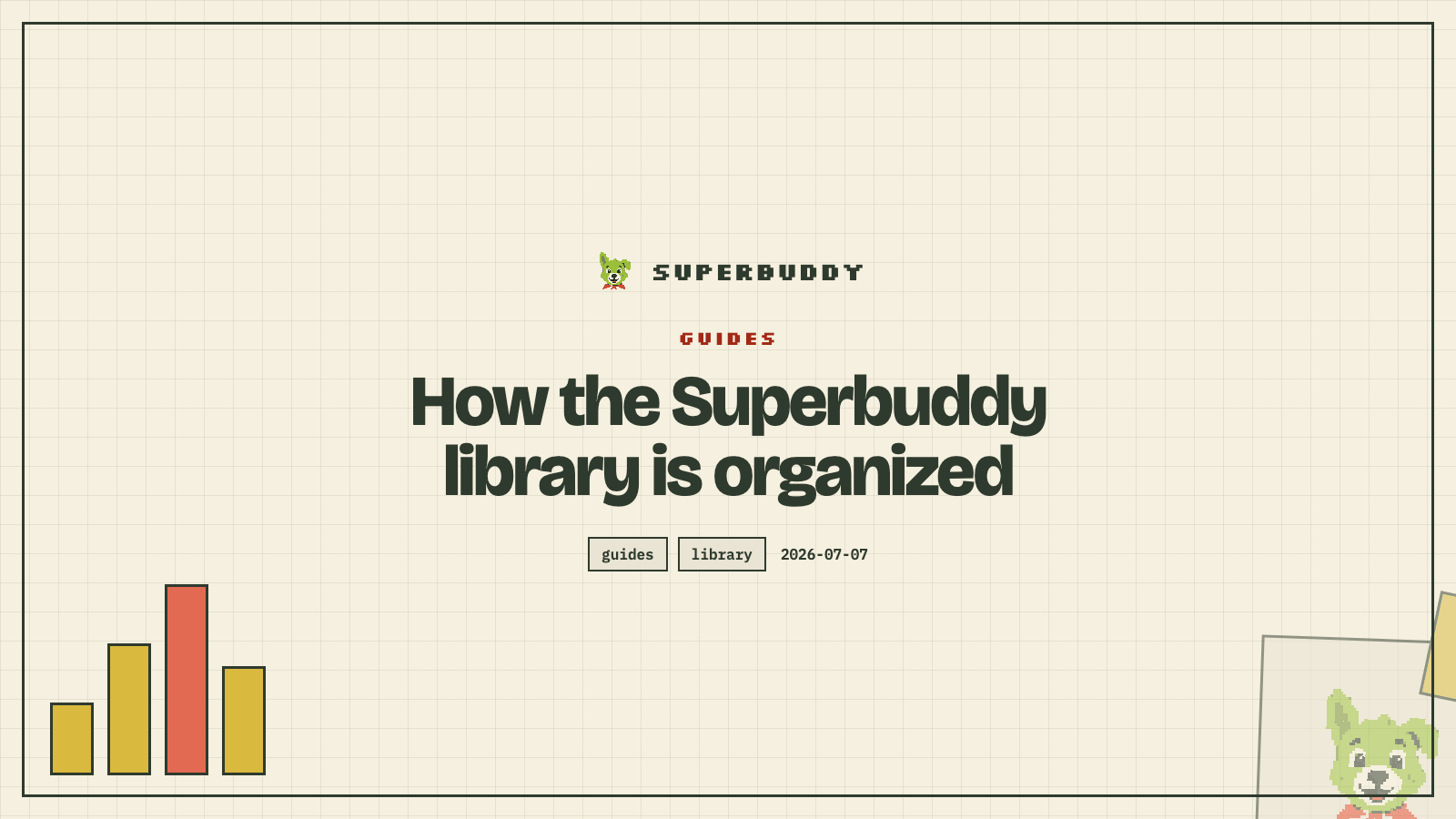 Superbuddy blog cover with the article title on a branded pixel-grid background
