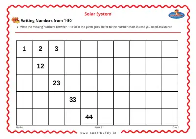 Preview of the first page of KG Unit 2 Week 2 — Writing Numbers from 1-50