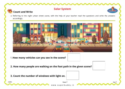 Preview of the first page of KG Unit 2 Week 2 — Count and Write Street Scene