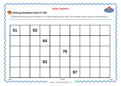 Preview of the first page of KG Unit 2 Week 2 — Writing Numbers from 51-100
