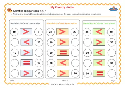 Preview of the first page of Number comparisons <, >, =