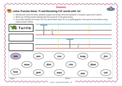 Preview of the first page of Letter Practice Sheet: Tt and Revisiting CVC Words with 'im'
