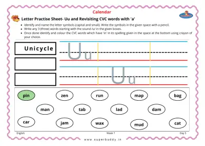 Preview of the first page of Letter Practise Sheet- Uu and Revisiting CVC words with 'a'
