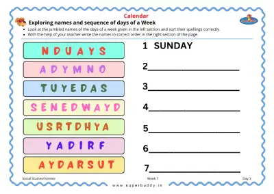 Preview of the first page of Exploring names and sequence of days of a Week