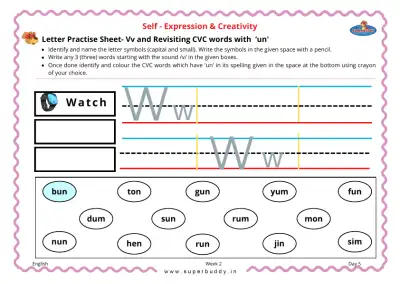 Preview of the first page of Letter Practise Sheet- Vv and Revisiting CVC words with 'un'