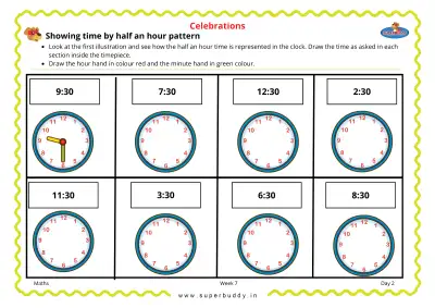 Preview of the first page of KG Unit 4 Week 7 — Showing Time by Half an Hour Pattern