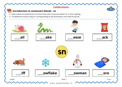 Preview of the first page of KG Unit 4 Week 7 — Introduction to Consonant Blends - sn