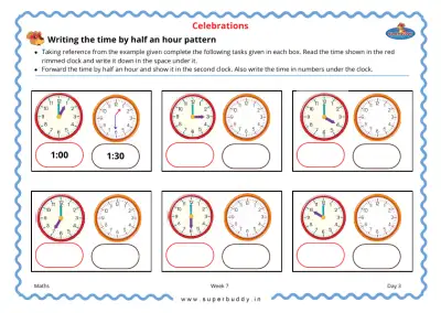 Preview of the first page of KG Unit 4 Week 7 — Writing the Time by Half an Hour Pattern