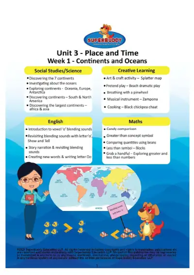 Preview of the first page of KG · Unit 3 · Week 1 — Continents and Oceans