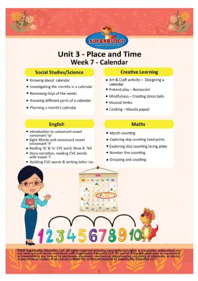 Preview of the first page of KG · Unit 3 · Week 7 — Calendar
