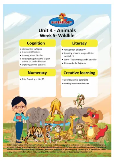 Preview of the first page of Pre-Nursery · Unit 4 / Animals · Week 5 — Combined week package (TP + Tasksheets)