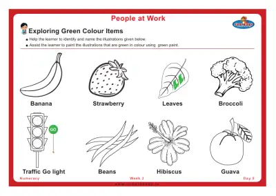 Preview of the first page of Pre-Nursery Unit 3 Week 3 Day 5 — Exploring Green Colour Items