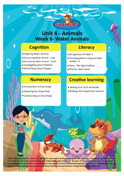 Preview of the first page of Pre-Nursery Unit 4 Week 6 — Water Animals Overview
